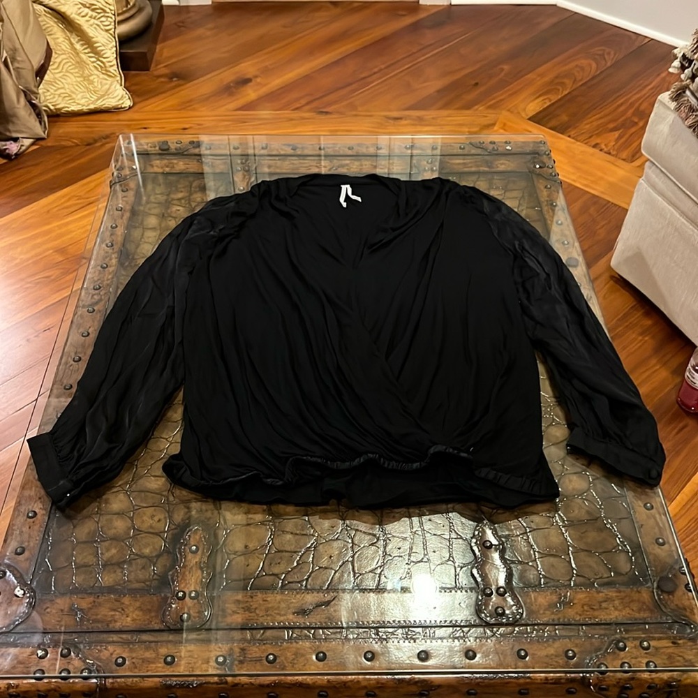 ANTHROPOLOGIE KESIA BLACK KNIT SURPLICE WRAP LONG SATIN SLEEVE TOP BLOUSE